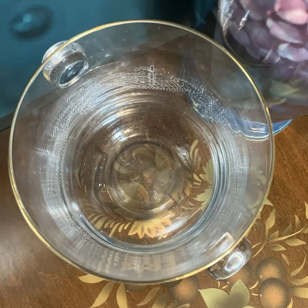 Vintage Ice Bucket Beautiful Etched Bohemian Glass W/ Gold Rim -Czech Republic